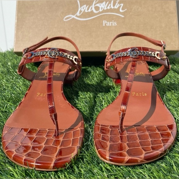 CHRISTIAN LOUBOUTIN MJ THONG CARAMEL BROWN CROC LEATHER SANDALS SZ 39 BLOCK HEEL - Picture 6 of 16